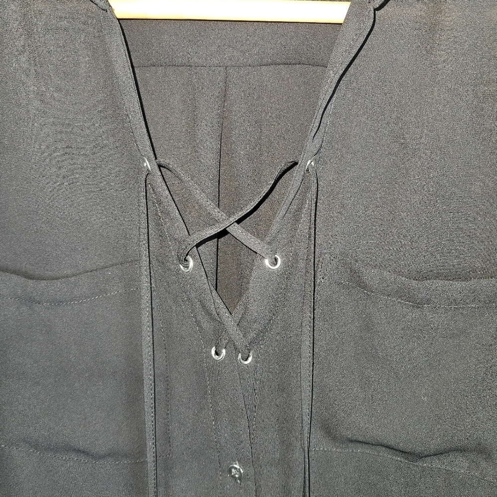 Kismet Black 3/4 Sleeve Button Down Shirt with Tie Detail - Picture 5 of 5